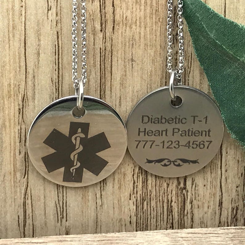Round Medical Id Tag Necklace Custom Engrave Medical Alert ID Etsy