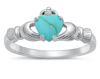 Claddagh Ring, 925 Sterling Silver Claddagh Ring, Claddagh Ring, Simulated Turquoise Claddagh Ring, Irish Claddagh  Ring,Engagement Ring