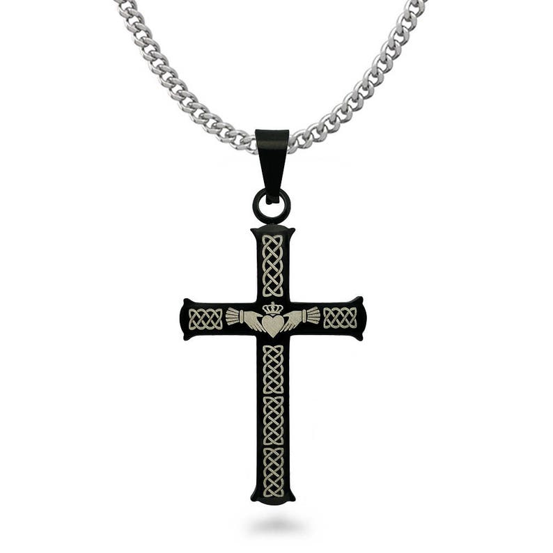 Celtic Claddagh Cross Pendant Necklace Men's Black Plated - Etsy