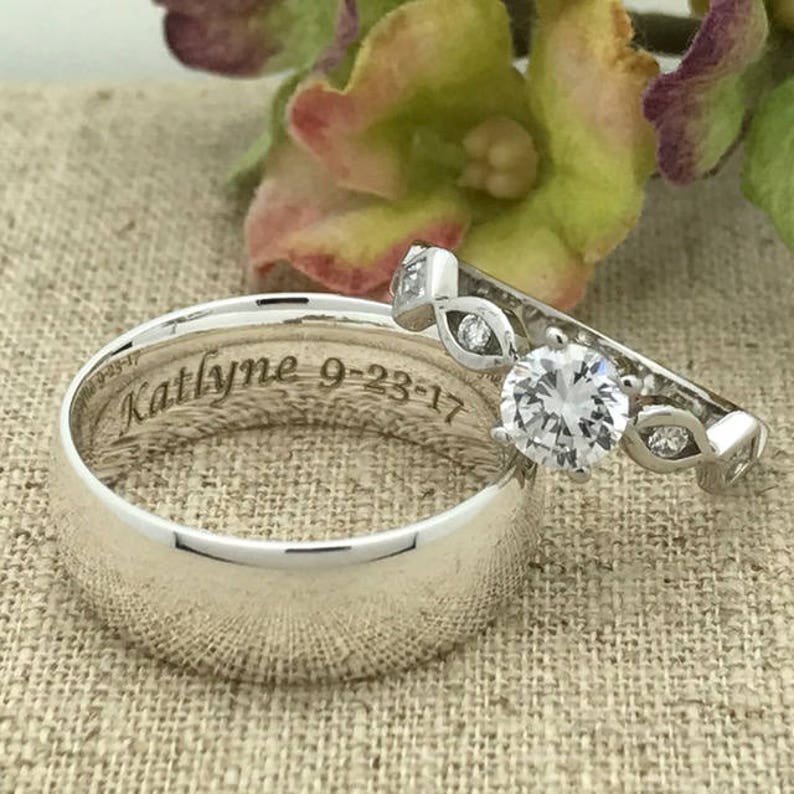 His and Hers Wedding Rings, Personalize Engrave Sterling Silver