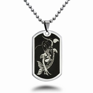 Koi Fish Stainless Steel Dog Tag Necklace, Personalized Laser Engraved Lucky Charm Koi Fish Design, Father's Day Gift  SSN529