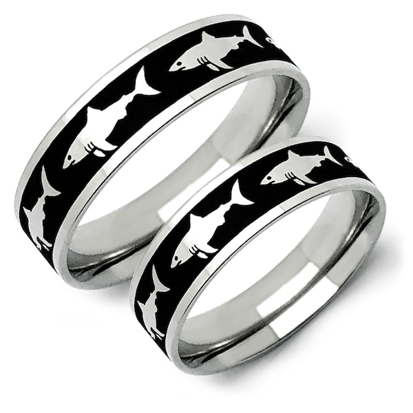 Shark Rings, Great White Shark Rings, 2 Tone Stainless Steel Ring with Shark Design, Couples Ring Set, Customizable -SSR781