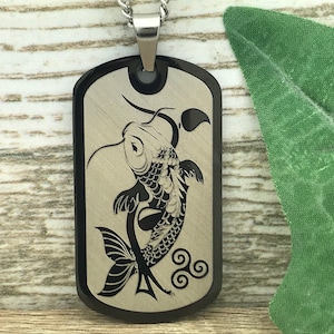 Koi Fish Stainless Steel Dog Tag Necklace, Personalized Laser Engraved Lucky Charm Koi Fish Design, Father's Day Gift  SSN675
