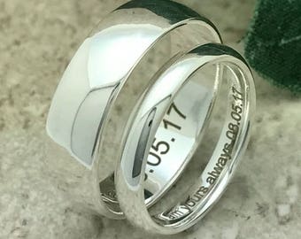 6mm/4mm Wedding Rings, Personalize Engrave Sterling Silver Wedding Band, His and Hers Sterling Silver Wedding Rings, Couples Ring