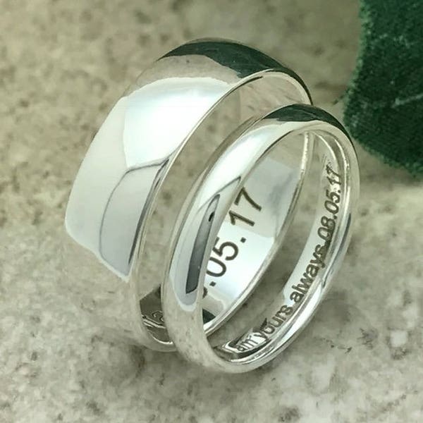 6mm/4mm Wedding Rings, Personalize Engrave Sterling Silver Wedding Band, His and Hers Sterling Silver Wedding Rings, Couples Ring