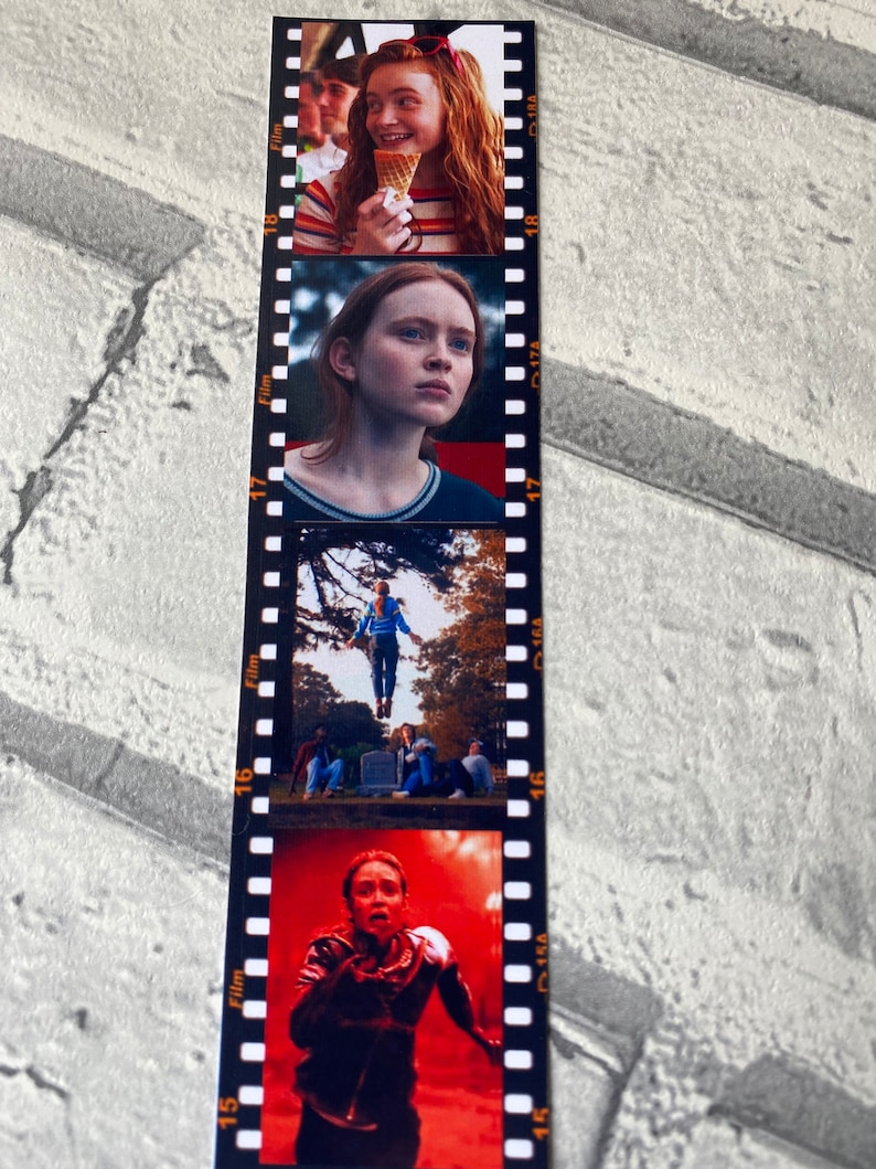 May include: A vertical bookmark with four images of a young woman with red hair. The images are in a film strip format with the numbers 15, 16, 17, and 18 visible. The first image shows the woman smiling and holding an ice cream cone. The second image shows the woman looking to the side with a serious expression. The third image shows the woman floating in the air in a blue shirt and jeans. The fourth image shows the woman running with a scared expression on her face.