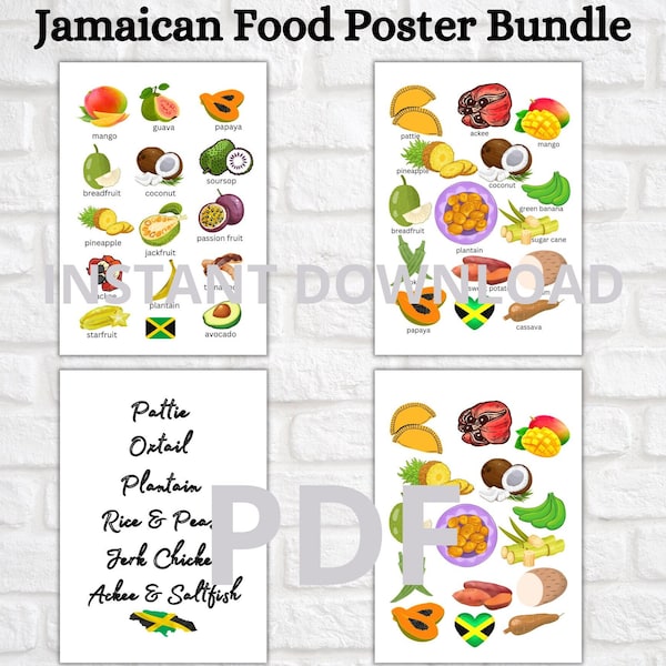 Printable Bundle Jamaican Food Wall Art, Caribbean Food labels, Education Poster Worksheet, Home Decor, Instant Download