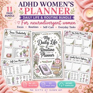 ADHD Planner for Women, Neurodivergent Daily Life & Routine Planner, Executive Function, Focus, Self Care Printable Bundle Coloring Planner