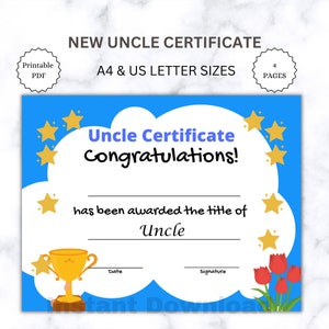 New Uncle Certificate Printable, Uncle Keepsake, Tio Gift, New uncle Wall Art, New Baby Arrival, gift from niece/nephew, Instant Download,