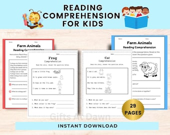 Puede incluir: Una hoja de trabajo imprimible para que los niños practiquen la comprensión lectora. La hoja de trabajo presenta una ilustración en blanco y negro de una rana, un gato y una oveja. La hoja de trabajo incluye una breve historia sobre cada animal y preguntas para que el niño responda.