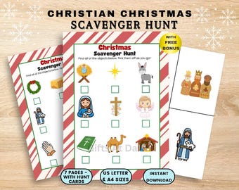May include: Printable Christian Christmas Scavenger Hunt cards with a red and white striped border. The cards feature illustrations of religious symbols and characters, including a star, a cross, and the three wise men.