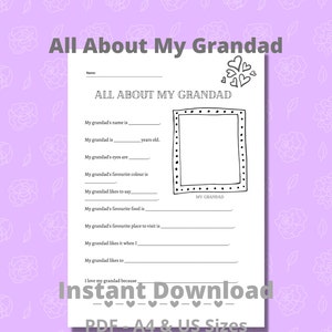 Grandad Gift - All About My Grandad Keepsake gift from grandchild - Instant Download, Father&#39;s Day Granddad