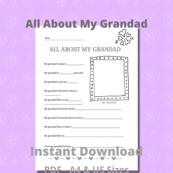 Grandad Gift - All About My Grandad Keepsake gift from grandchild - Instant Download, Father's Day Granddad
