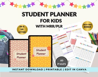 Editable Student Planner for Kids, MRR, PLR Planner, Master Resell Rights, Academic Planner, Student Organizer Back to School, Download