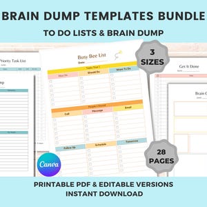 Peut inclure: Ensemble de modèles de vidage de cerveau imprimables avec 28 pages, comprenant des listes de tâches à faire et des pages de vidage de cerveau. Les modèles sont disponibles en trois tailles et présentent un schéma de couleurs jaune, orange et bleu.