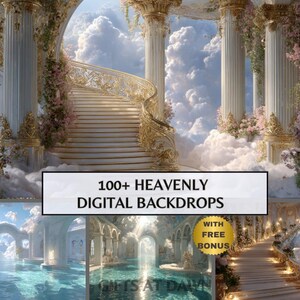 May include: Digital backdrops featuring a heavenly theme. The image showcases a grand staircase with ornate gold railings, leading upwards amidst fluffy clouds and classical columns. Text reads "100+ HEAVENLY DIGITAL BACKDROPS".