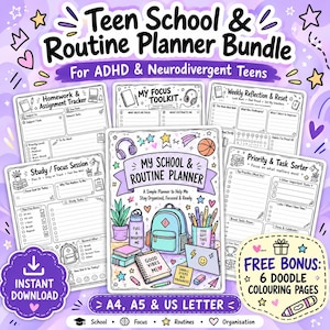 May include: A digital planner bundle for teens featuring a central cover titled My School & Routine Planner with illustrations of a backpack, water bottle, and books. Includes pages for homework, focus, and tasks, plus a bonus coloring page offer.