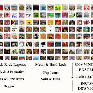 May include: A collection of over 800 vintage posters, featuring album art from Classic Rock Legends, Metal & Hard Rock, Punk & Alternative, Blues & Jazz Icons, Pop Icons, Soul & Funk, and Reggae. The image includes text that reads "INSTANT DOWNLOAD".