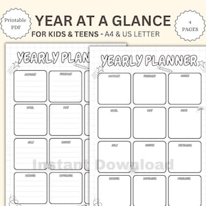 Calendario infantil imprimible de un vistazo, calendario anual para colorear, descarga instantánea de Año Nuevo, páginas para colorear de calendarios A4 tamaño carta de EE. UU.