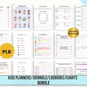 May include: A digital collection of printable kids' planners, journals, logbooks, and charts featuring various templates like homework trackers, daily schedules, routine checklists, and gratitude logs with colorful icons and text labels.