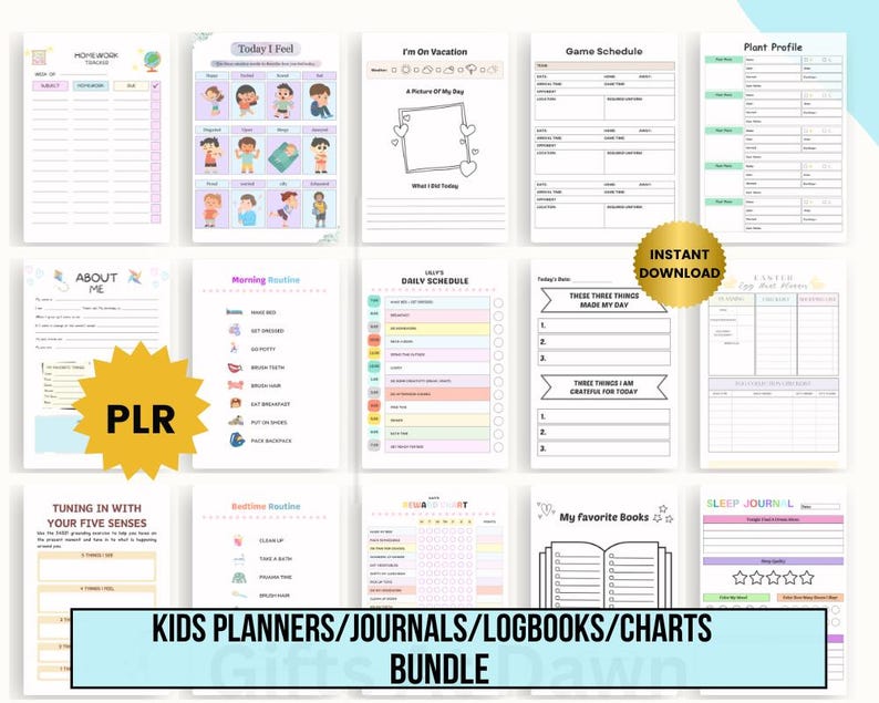 May include: A digital collection of printable kids' planners, journals, logbooks, and charts featuring various templates like homework trackers, daily schedules, routine checklists, and gratitude logs with colorful icons and text labels.
