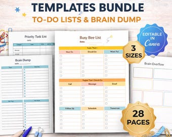 Brain Dump To Do List Bundle, ADHD Brain Dump Editable Templates, Printable Weekly Planner, Executive Function Organiser, Priority Matrix