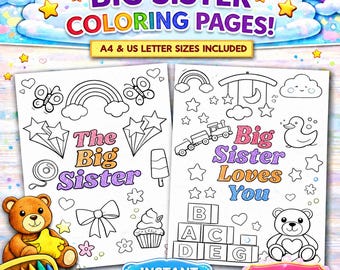 Big Sister Colouring Pages, Set of 2 Printable Sheets for children, New Baby Sibling Keepsake Gift, Coloring page, Instant Download,