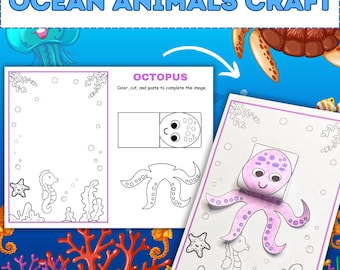 海の生き物10種類の切り貼り工作、海の生き物に関する幼児向けアクティビティ、ホームスクール向けダウンロード特典