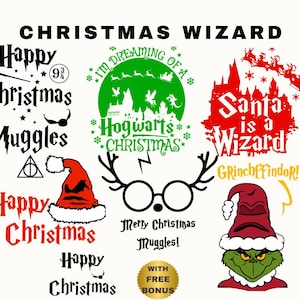 Może przedstawiać: Zbiór grafik o tematyce świątecznej z motywami czarodziejskimi. Projekty zawierają teksty takie jak "Happy Christmas Muggles", "Santa is a Wizard" i "Grinchffindor!" w kolorze czerwonym i czarnym, na białym tle.