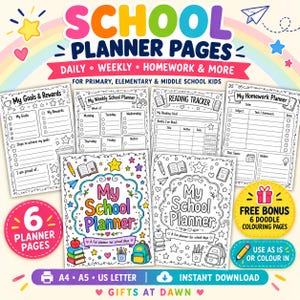 May include: A set of printable school planner pages including daily, weekly, homework, and reading trackers. The collection features colorful and black-and-white cover designs with doodle illustrations, available in A4, A5, and US Letter sizes.