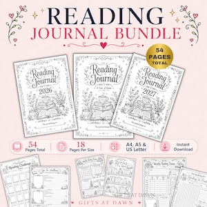 May include: A reading journal bundle featuring three cover designs labeled 2026, 2027, and A Year of Books. The black and white line art includes stacks of books, a mug, and floral motifs. Additional pages show reading challenges, trackers, and lists.