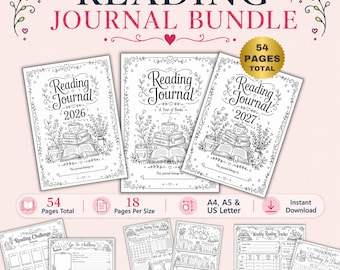 Carnet de lecture à imprimer, journal de coloriage, suivi de lecture hebdomadaire et mensuel, pages de journal 2026-2027, formats A4, US Letter et A5, à télécharger
