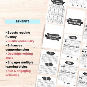 May include: Black and white printable worksheets for learning sight words, alphabet letters, and reading comprehension. The worksheets feature a table of contents, sight words like "she", "am", "has", "my", "big", and alphabet letters like "K", "L", and "I".