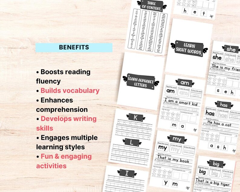 May include: Black and white printable worksheets for learning sight words, alphabet letters, and reading comprehension. The worksheets feature a table of contents, sight words like "she", "am", "has", "my", "big", and alphabet letters like "K", "L", and "I".