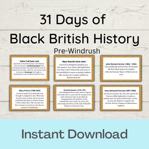 May include: A colourful infographic with a wooden background featuring 31 Days of Black British History. The infographic is divided into six sections, each highlighting a different Black British historical figure. Each section includes a name, dates, and a brief description of their contributions.