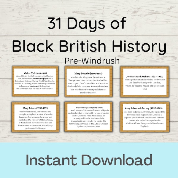 31 Days Black British History Facts Cards Printable, Black History Month, Historical Figures Flashcards, School Resources, Instant Download