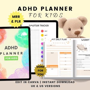 Op de afbeelding: Een ADHD-planner voor kinderen, met een tablet en een open notitieboek. De tablet toont "ADHD PLANNER FOR KIDS" met kleurrijke aquarelaccenten. Het notitieboek bevat pagina's voor dagelijkse plannen en "Worry Bug". Een gehaakte teddybeer is ook zichtbaar.