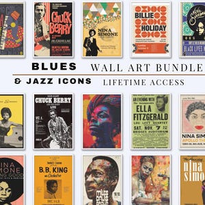 Może przedstawiać: Kolekcja oprawionych grafik ściennych z ikonami bluesa i jazzu. Plakaty przedstawiają muzyków takich jak Nina Simone, Chuck Berry i Billie Holiday. Tekst brzmi "Blues & Jazz Icons Wall Art Bundle Lifetime Access."