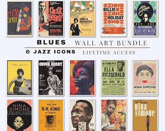 Retro Jazz & Blues Wall Art Posters Bundle, 40 Soulful Retro Music Gift, Printable Music Wall Decor, Retro Wall Collage Bedroom Download