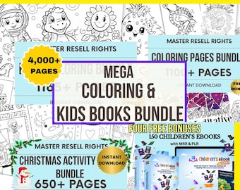 May include: A digital product bundle featuring over 4,000 coloring pages and 150 children's ebooks. The bundle includes a variety of themes, including Christmas, animals, and more. The text "MEGA COLORING & KIDS BOOKS BUNDLE" is displayed in large, bold letters.