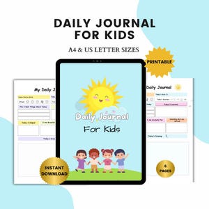 Diario infantil imprimible, diario para niños, páginas de gratitud para niños, atención plena para niños, descarga instantánea, tamaño carta A4 de EE. UU.