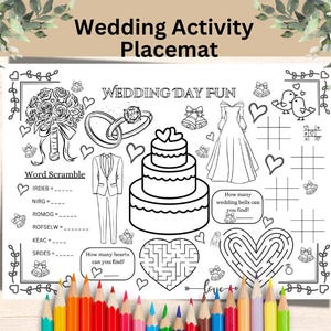 Wedding Activity Placemat for Children Printable Wedding Day Activity Sheet Download Reception Activity games, A4 US Letter sizes Bonus
