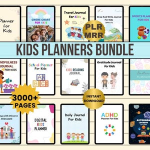May include: A digital kids planners bundle featuring 3000+ pages with various covers including a chore chart, travel journal, sports planner, mindfulness journal, school planner, reading journal, gratitude journal, and an astronomy logbook.
