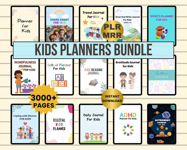 May include: A digital kids planners bundle featuring 3000+ pages with various covers including a chore chart, travel journal, sports planner, mindfulness journal, school planner, reading journal, gratitude journal, and an astronomy logbook.