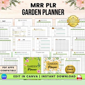 Planificador de jardín imprimible (PLR), diario de jardinería editable (MRR), plantilla de Canva, organizador de jardín, registro de plantas, finca, tamaño A4, carta estadounidense, descargable.