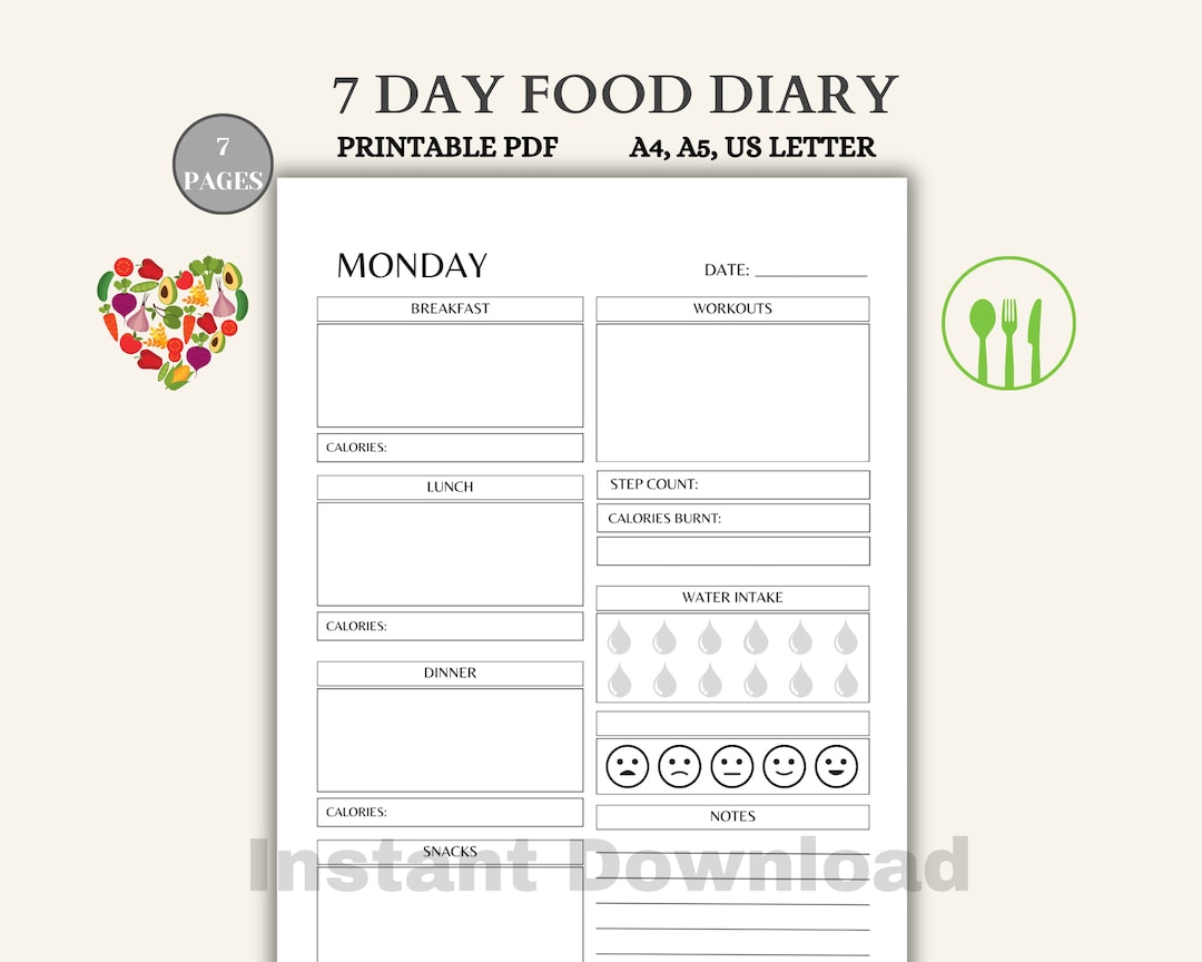 Printable Daily Food Diary, 7 Days Food Journal, Diet Planner, Calorie ...