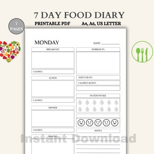 Printable Daily Food Diary, 7 Days Food Journal, Diet Planner, Calorie ...