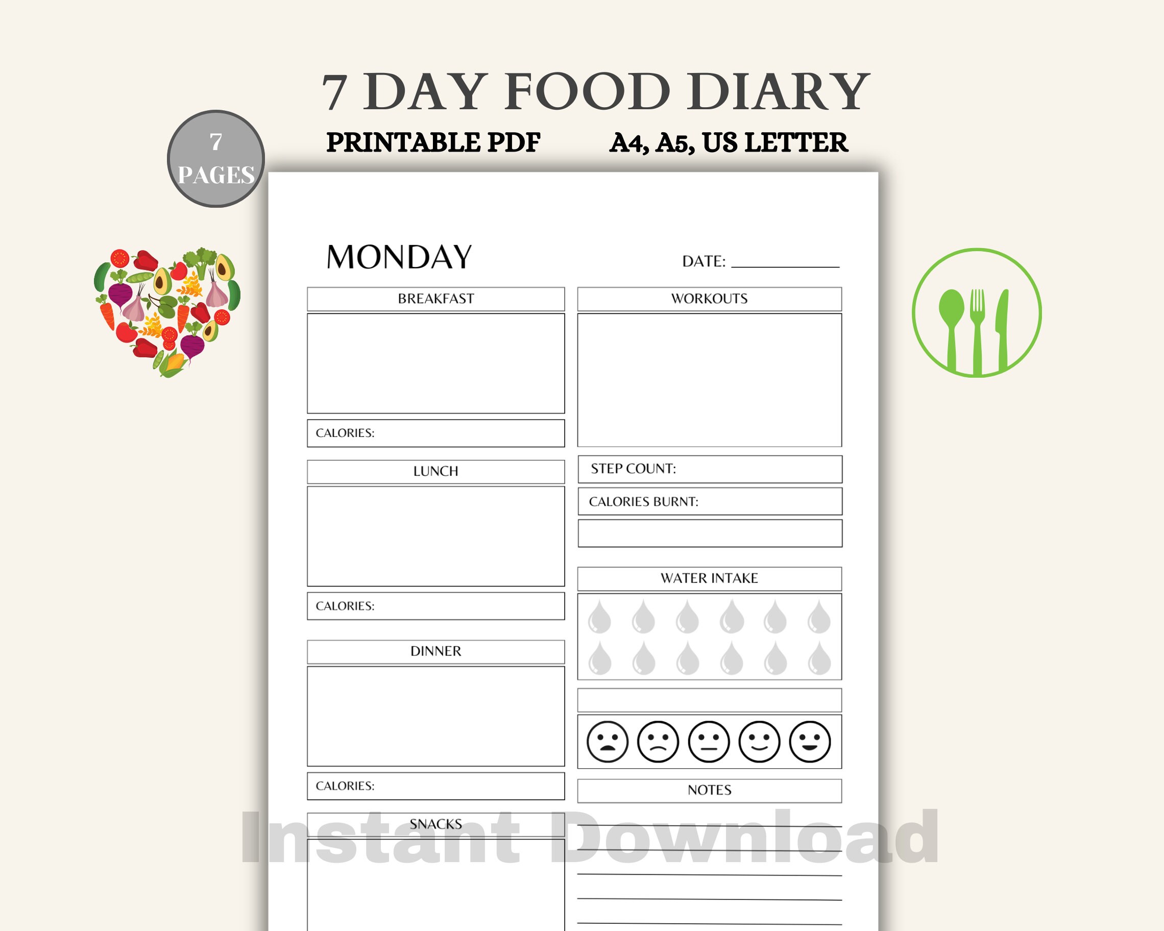 Printable Daily Food Diary, 7 Days Food Journal, Diet Planner, Calorie ...