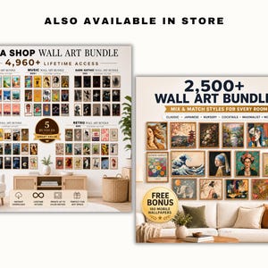 May include: Two wall art bundles are displayed, one with 4,960+ lifetime access and the other with 2,500+ wall art bundles. The first bundle includes travel, music, dark gothic, movies, and retro art. The second bundle offers mix and match styles for every room.