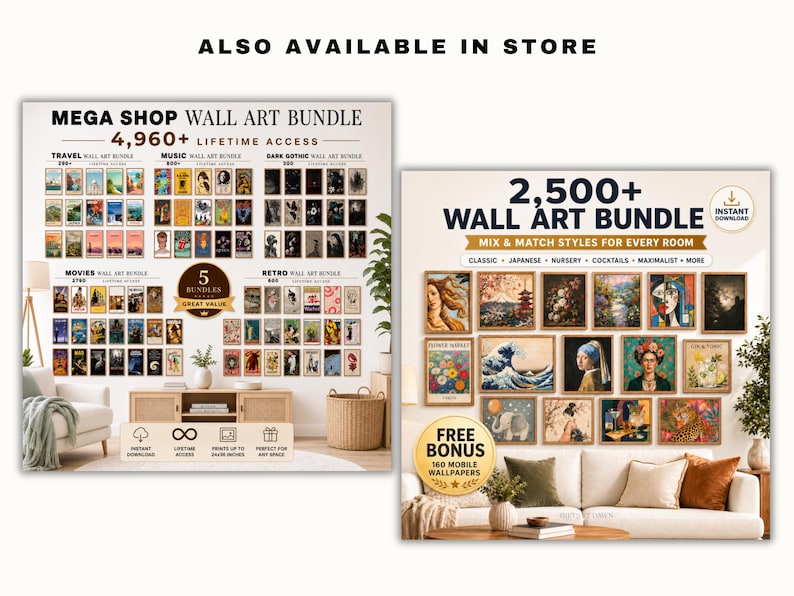 May include: Two wall art bundles are displayed, one with 4,960+ lifetime access and the other with 2,500+ wall art bundles. The first bundle includes travel, music, dark gothic, movies, and retro art. The second bundle offers mix and match styles for every room.